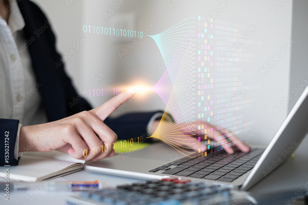 Poster businessman using laptop tablet data analysis big data technology artificial intelligence ai innovat