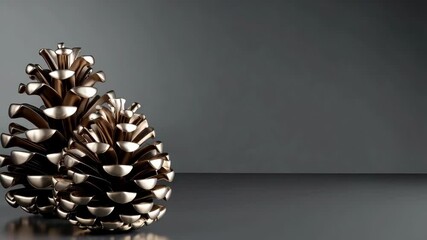 Two ornate gold pine cones sit elegantly on a gray surface with reflections, festive holiday decorations, luxurious and sophisticated. - Powered by Adobe
