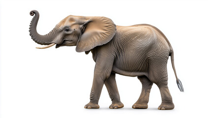 Photo of an African elephant standing and lifting its trunk, against a white background. African elephant with raised trunk and tusks isolated on white