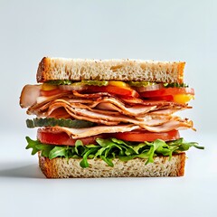 Delectable layered sandwich with fresh vegetables and deli meats.