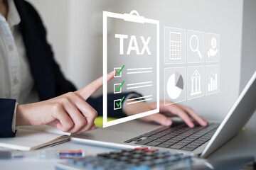 Businessman tax calculation accounting financial payment economy planning money income business concept digital government investment online analysis law return deduction revenue refund service