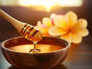 Wooden spoon dripping honey into elegant bowl with floral background