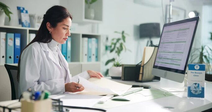 Computer, woman and doctor with documents in clinic for research on diagnosis or treatment. Technology, medical service and female healthcare worker with paperwork for notes in hospital office.