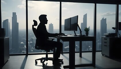 Businessman working on computer in office with city view, executive at desk silhouette