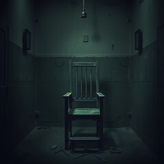 A eerie, abandoned electric chair sits Alone in a dimly lit, worn-down chamber, exuding an ominous, foreboding atmosphere of capital punishment and execution.