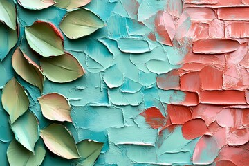 Colorful abstract expression using broad palette knife marks in aqua, brick red, and leafy green, 
