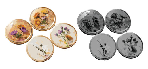 Pressed flowers in resin jewelry decorative elements illustration botanical design elements with colorful and monochrome aesthetics