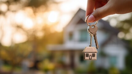 a hand holding a keychain with house symbol in front of a newly purchased home