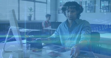 Graphic designer spreading prints while steadying mug as code overlays and data graphs inspecting - Powered by Adobe