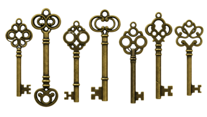 Antique skeleton keys collection isolated on transparent background