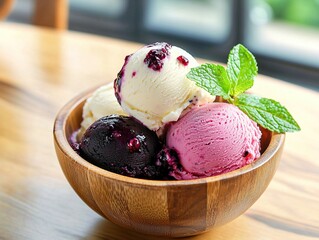 Close-up of ice cream scoops in bowl on wooden table