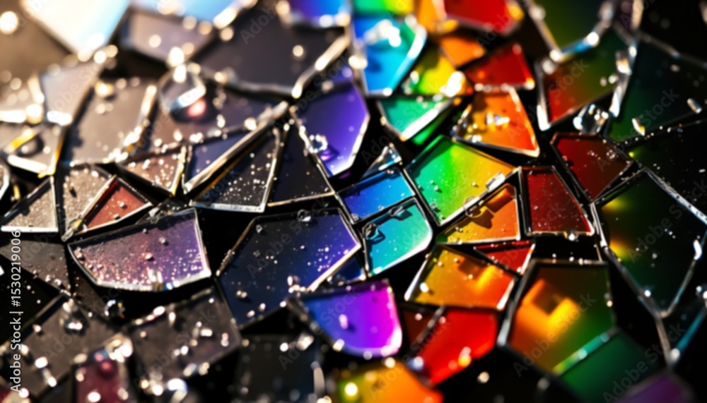 Poster iridescent shards reflect light creating a dazzling spectrum of colors and sharp geometric forms.