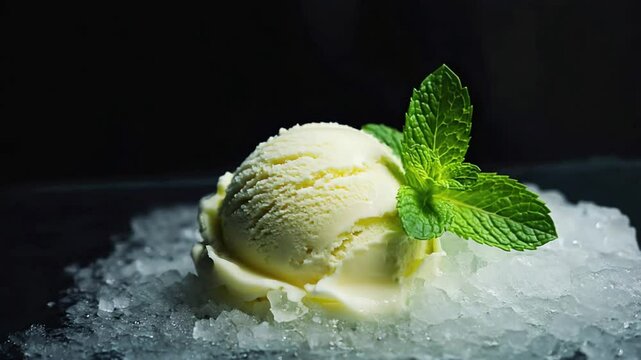 Vanilla ice cream scoop on crushed ice with mint garnish against dark backdrop