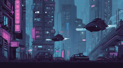 flat illustration of a cyberpunk city at night