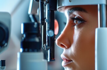 Close-up of a female patient undergoing an eye examination using a slit lamp microscope in a high-tech ophthalmology clinic