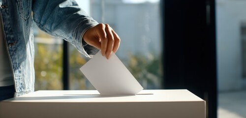 Close-up of a hand inserting a blank ballot into a white voting box, person in casual denim jacket blurred in background