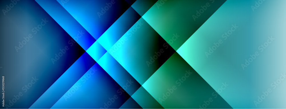 Aufkleber Abstract geometric composition. Blue, teal gradients intersect forming dynamic shapes. Smooth transitions create modern visual effect.