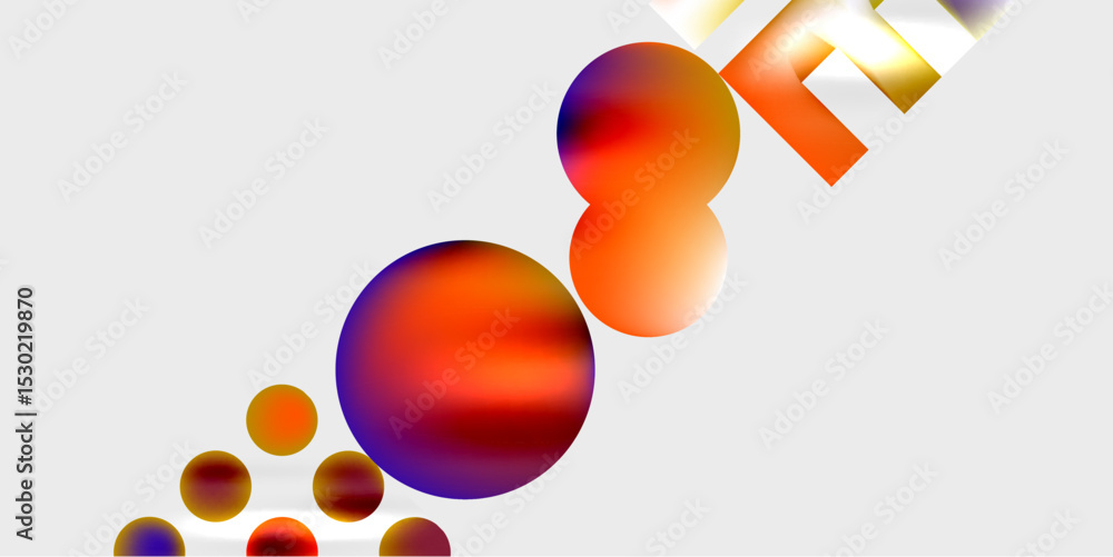 Poster Abstract spheres, vibrant colors, dynamic composition. Gradient hues create visual flow, modern design elements present.