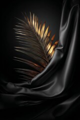 Golden palm leaf draped in black silk elegant minimalist background