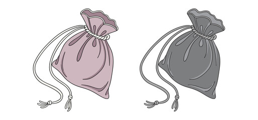 Two stylized sacks with drawstrings presented in pastel pink and grey colors on a white background for design