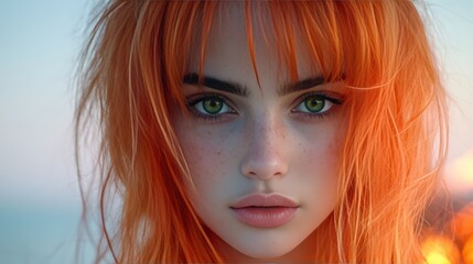 Fototapeta premium Striking portrait of a beautiful woman with vibrant orange hair.