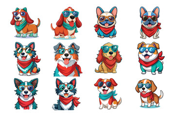 Collection of twelve playful and cool cartoon dog illustrations wearing sunglasses and bandanas