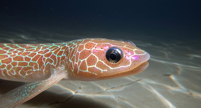 Exquisite lizardfish glides over sandy seabed in clear water.