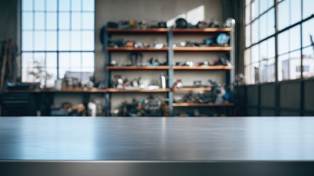Empty stainless steel workbench in the foreground, industrial workshop in soft focus background with shelves, tools, and equipment