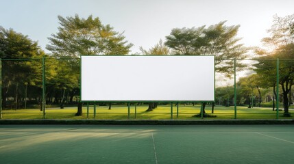 Large blank banner fixed on tennis court perimeter fencing, surrounded by green sports field and trees