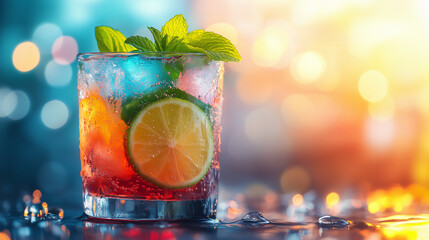 Refreshing summer cocktail with mint and citrus garnishes in a vibrant setting