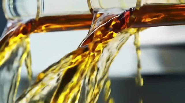 Close-Up of Liquid Pouring into Glass with Light Reflection Effects