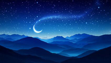 Obraz premium A crescent moon over a mountainous desert landscape with a starry night sky. The night sky with stars and a crescent moon over the mountains, a blue color background