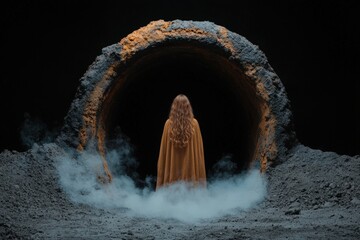Woman in cloak stands before otherworldly portal.