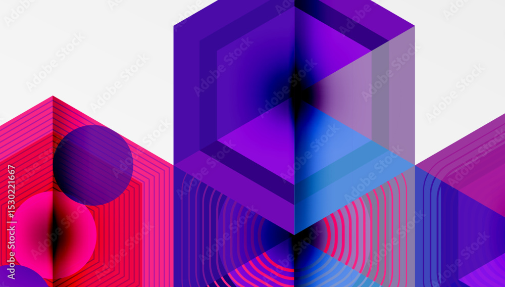 Poster Abstract geometric composition. Vibrant colors, layered shapes create dynamic visual experience. Lines, curves intersect forming complex patterns.