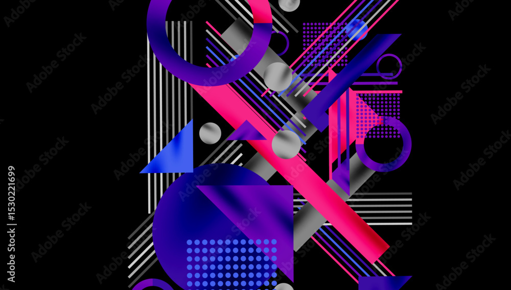 Aufkleber abstract geometric composition. vibrant blues, pinks, grays intersect. lines, circles, triangles cre