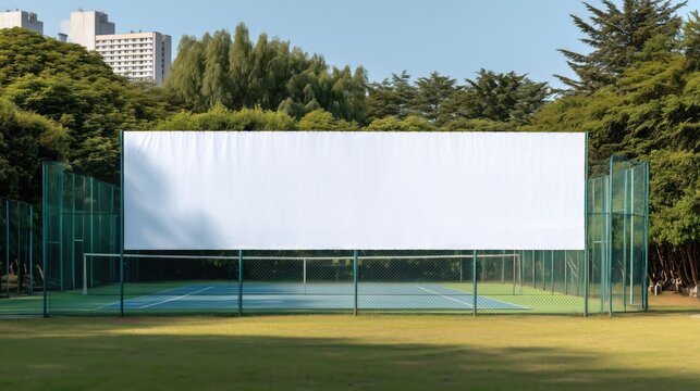 Large blank banner fixed on tennis court perimeter fencing, surrounded by green sports field and trees