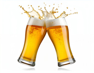 Two glasses of beer clinking together with a refreshing splash. Perfect for celebrating special occasions or happy hour promotions.
