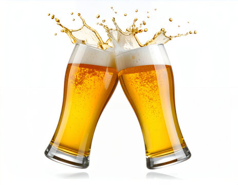 Two glasses of beer clinking together with a refreshing splash. Perfect for celebrating special occasions or happy hour promotions.