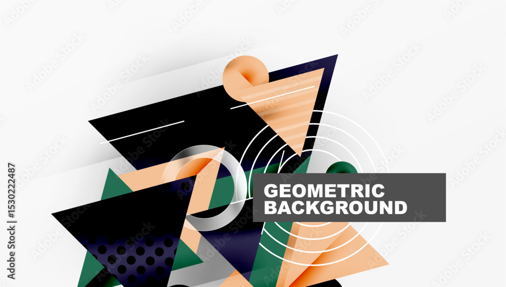 Poster Abstract geometric design. Overlapping shapes create dynamic composition. Colors include orange, green, navy, gray, white. Modern aesthetic.