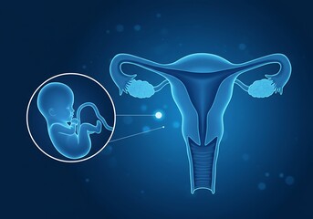 A human uterus and fetus inside a circle on a blue gradient background