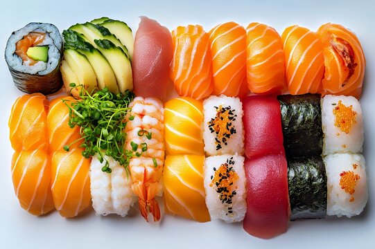 Colorful assortment of sushi featuring various fish and fresh ingredients.