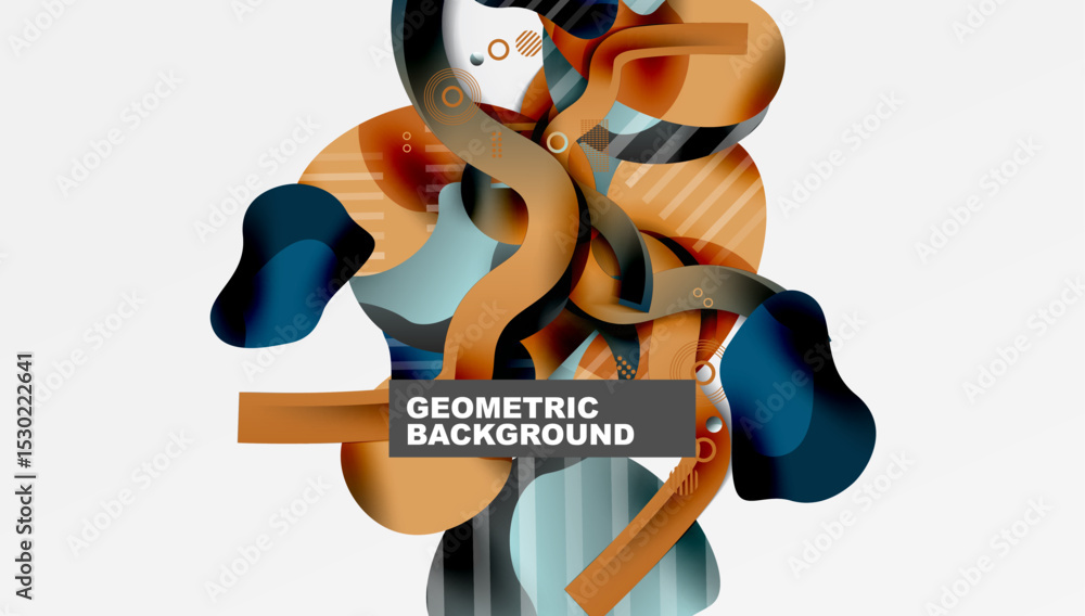 Poster abstract geometric shapes overlap, creating dynamic composition. blue, orange, gray tones dominate d