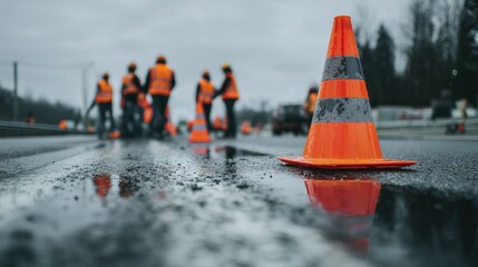 Road Construction Workers with Traffic Cones on Wet Highway