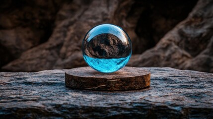 Crystal ball reflects a rocky landscape with blue glow.