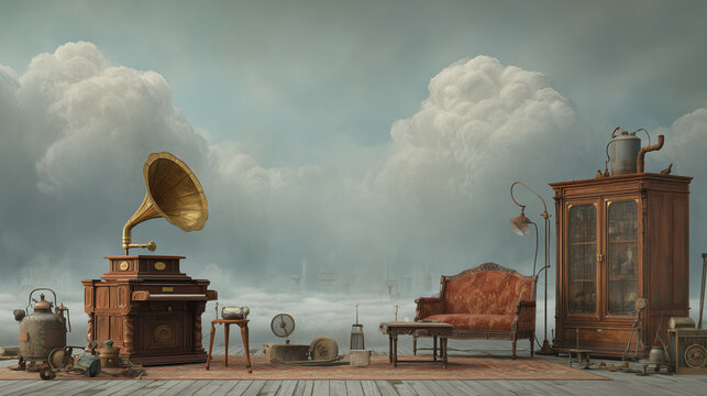 Steampunk Clockwork Mechanism with Gramophone and Gears. Conceptual gears and cogs close up displaying working together 3d render