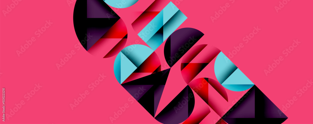 Poster abstract geometric shapes overlap, creating dynamic composition. pink background contrasts with teal