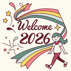 Retro badge reading “Welcome 2026” with ribbon and stars, bright colors & SVG