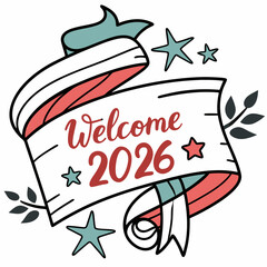Retro badge reading “Welcome 2026” with ribbon and stars, bright colors & SVG