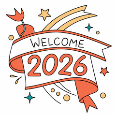 Retro badge reading “Welcome 2026” with ribbon and stars, bright colors & SVG