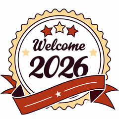 Retro badge reading “Welcome 2026” with ribbon and stars, bright colors & SVG